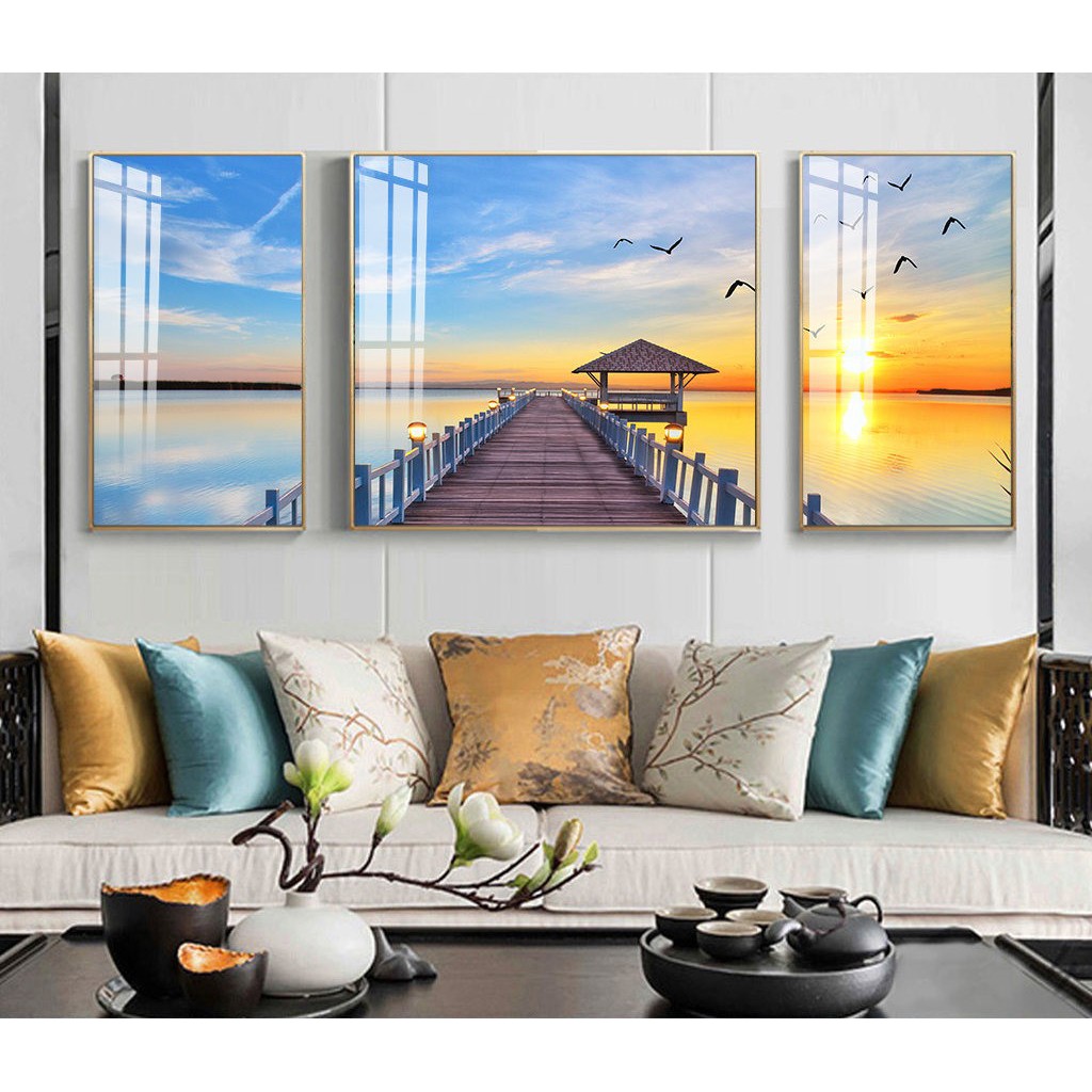 60 x 120 cm Bộ 3 Tranh Treo Tường Canvas Thuyền Biển Bình Minh Hoàng Hôn Bầu Trời Xanh Trang Trí Khách Sạn Resort