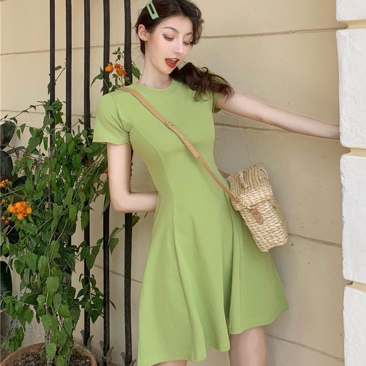 Đầm Tay Ngắn Dáng Ôm Màu Trơn Phong Cách Hàn Quốc Thời Trang Mùa Hè Mới Cho Nữ
