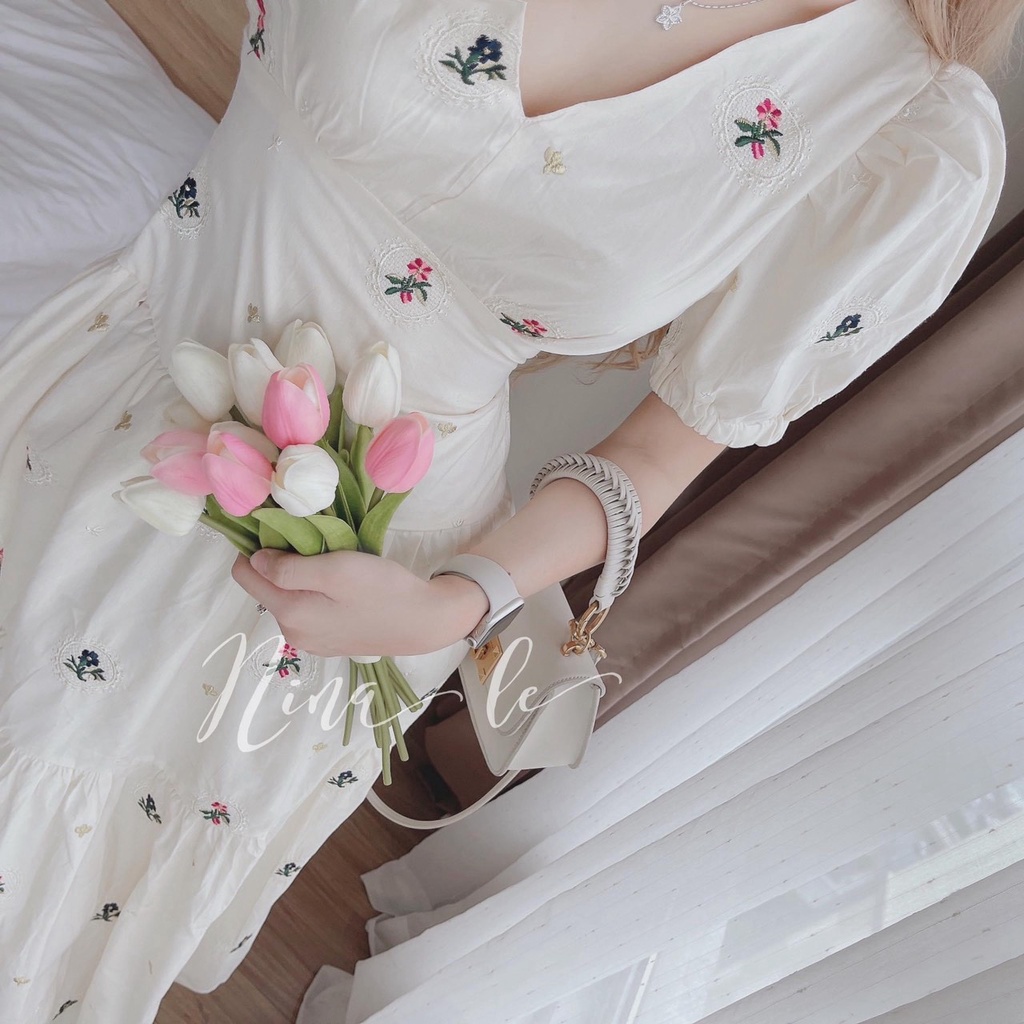 Đầm Maxi Cổ V Tay Phồng Họa Tiết Cây Xương Rồng Đủ Màu Kiểu Xòe Có Dây Thăc Nơ Sau Lưng , Đầm Kate Gía Rẻ