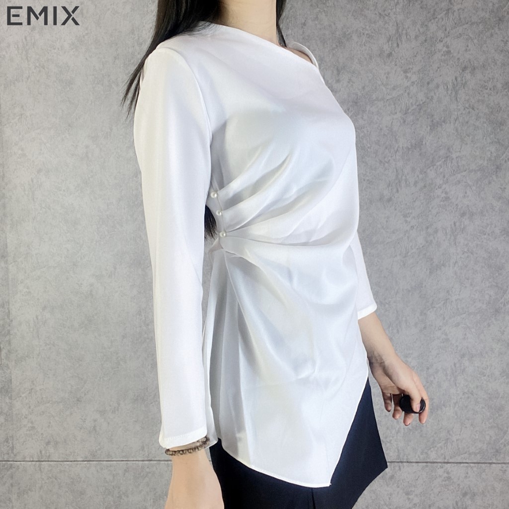Áo lệch vai vạt chéo EMIX (màu trắng), dài tay, vạt lệch cá tính, chất thun dẻo mềm mịn, ôm eo tôn dáng a69