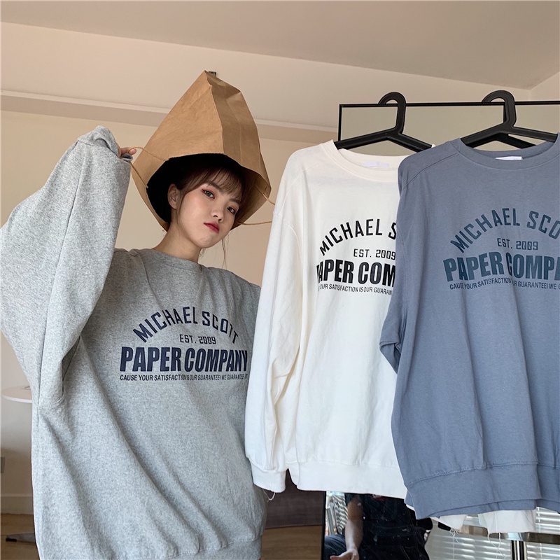 SUXI Áo sweater tay dài cổ tròn dáng rộng in chữ phong cách mùa thu cho nữ