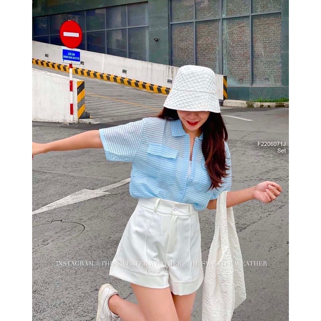 Set áo sơ mi tơ sọc có túi tay con áokèm quần short kaki