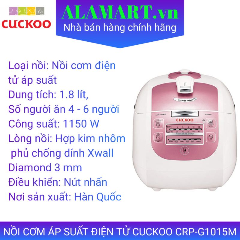 Nồi cơm Áp suất Điện tử CUCKOO CRP-G1015M 1.8L  dùng cho 4 - 8 người ăn 1 kg gạo