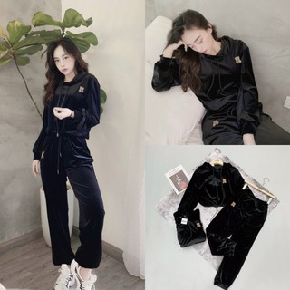 S639 Set Thể Thao nữ, bộ đồ nhung đen sang trọng in họa tiết gấu, áo quần bo gấu rút dây