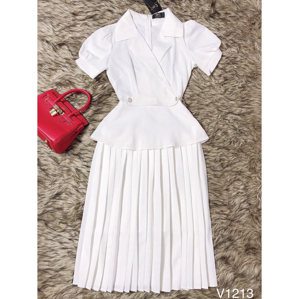 [ xả kho ] MiD Đầm trắng chân xếp li dáng dài V1213 Mie Design kèm ảnh thật