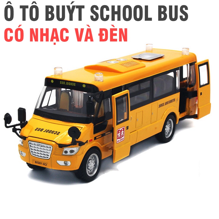 Mô hình xe ô tô School bus đồ chơi trẻ em có âm thanh và đèn sáng xe bằng sắt chạy cót