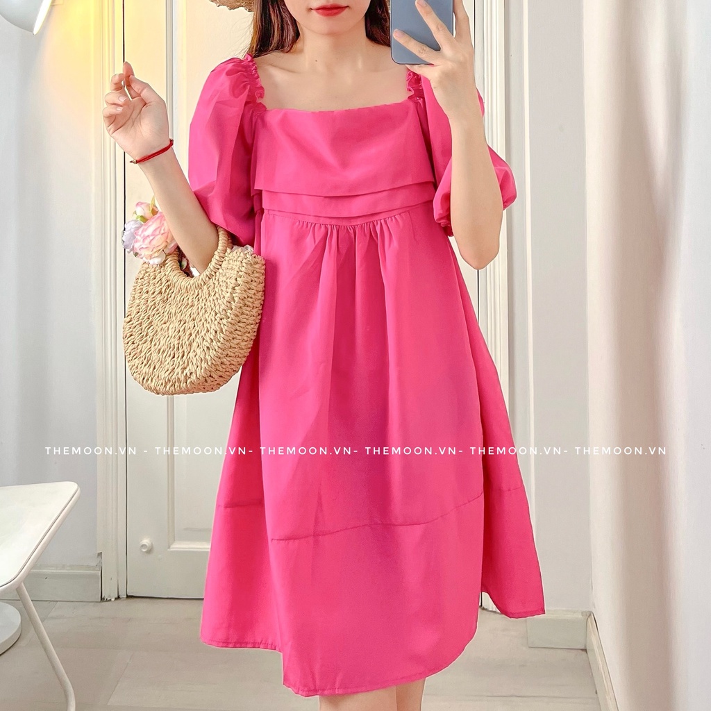 Đầm babydoll tay phồng nơ lưng tự điều chỉnh 2 màu hồng và xanh lá