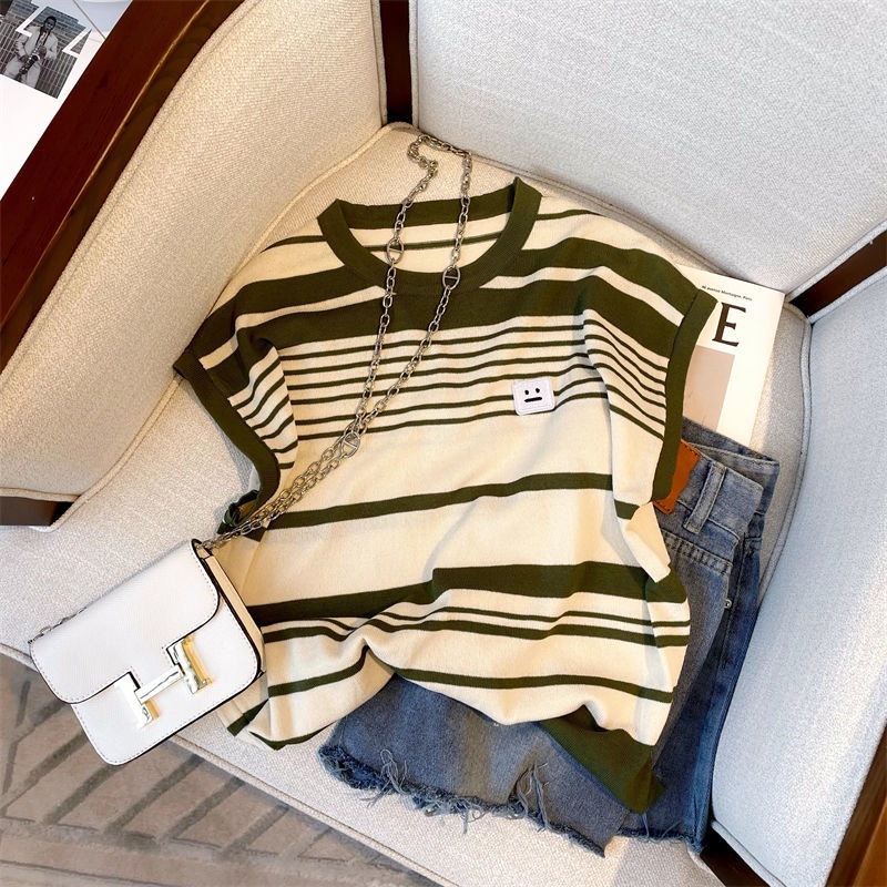 Áo sweater Sát Nách Cổ Tròn Dáng Suông Kẻ Sọc Ngang Màu Sắc Tương Phản Thời Trang Hè Cho Nữ