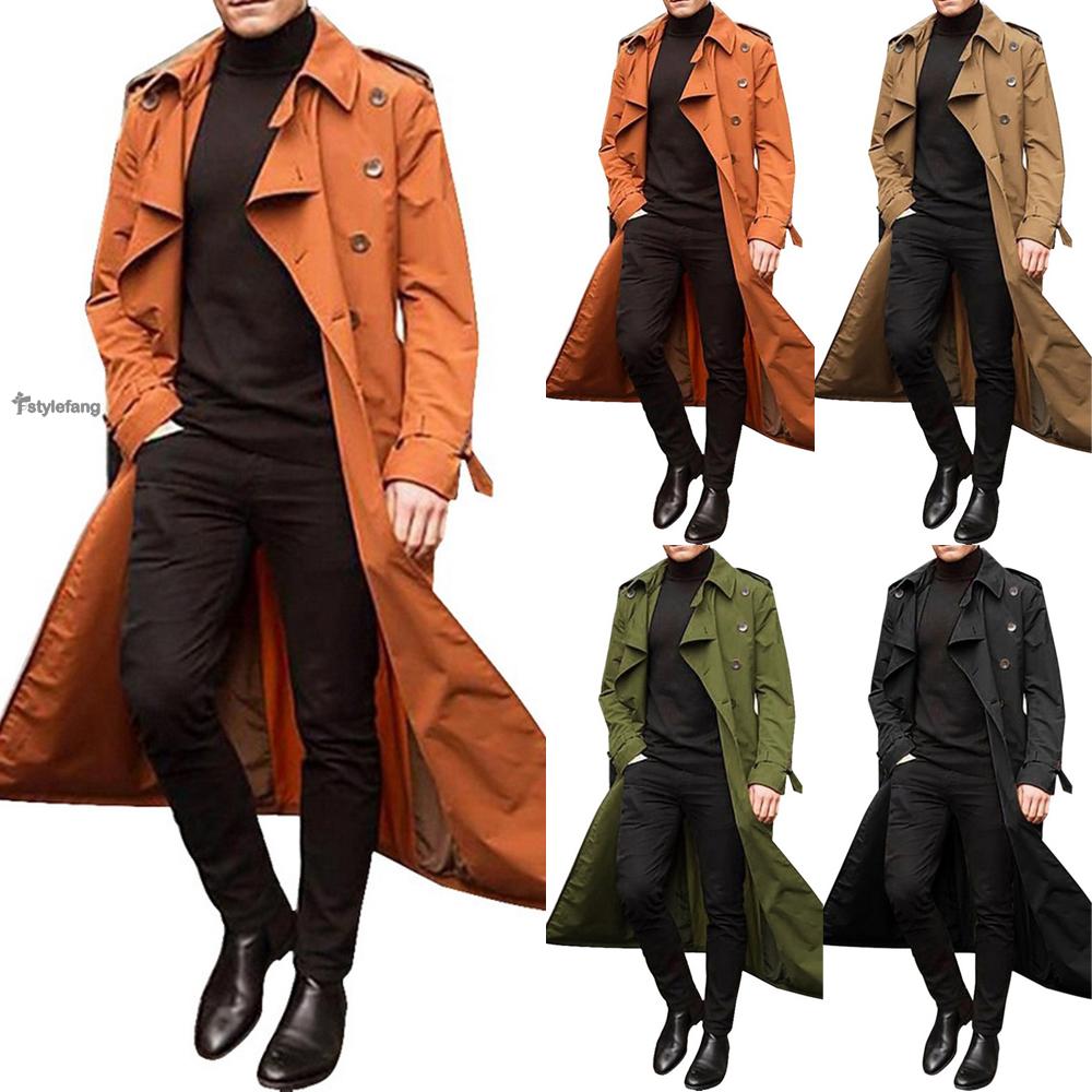 Coat Solid Color Windbreaker Full length Trench Overcoat Men's Lapel Button down Windproof Fall Casual Fashion