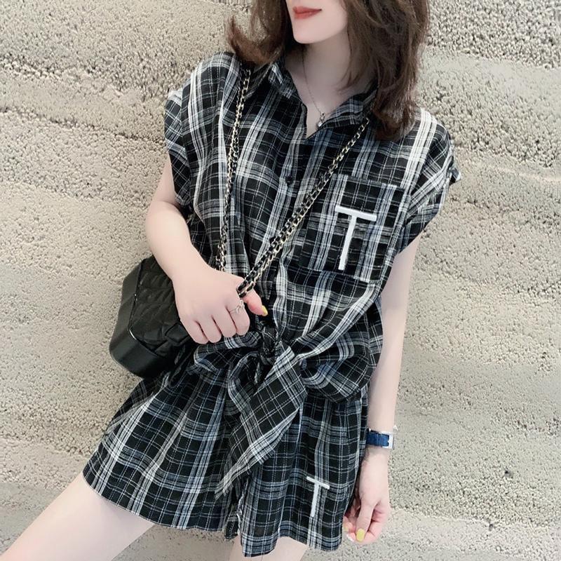 Set áo quần short sơ mi kẻ sọc caro trẻ trung thời trang mùa hè châu Âu cho nữ giới mũm mĩm