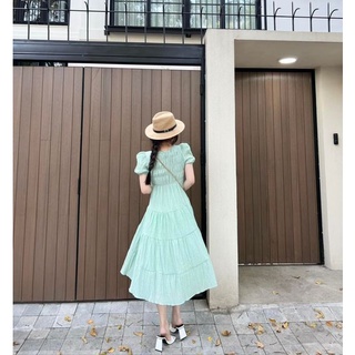Váy maxi dáng dài tay bồng dúm eo