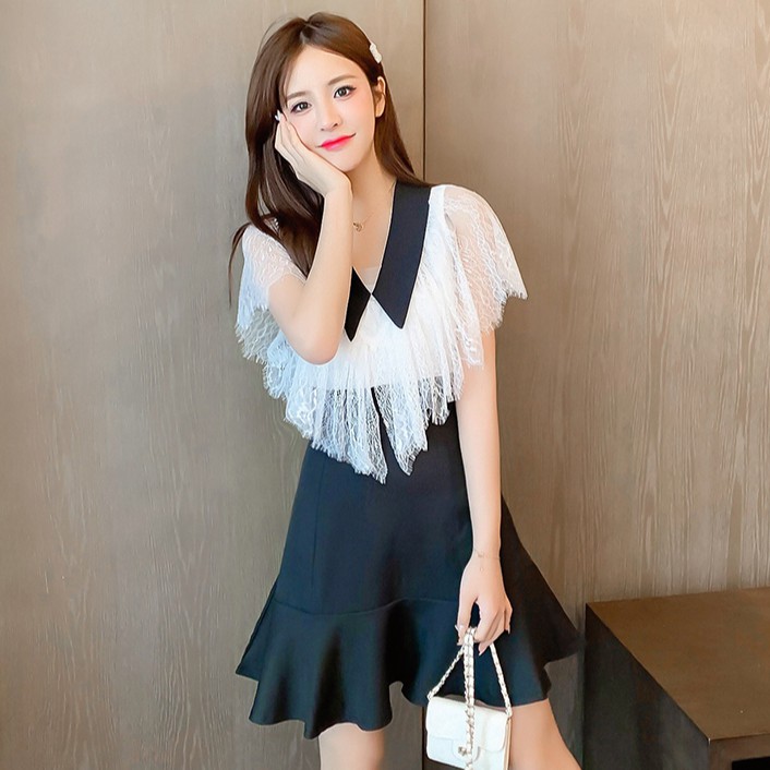 Đầm Tay Lửng Viền Ren Nhún Bèo Ngọt Ngào Thời Trang Mùa Hè Cho Nữ