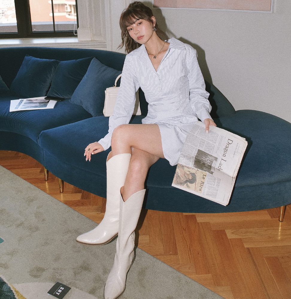 Đầm sơ mi peppermint dài tay kẻ sọc xinh xắn cho nữ 40135