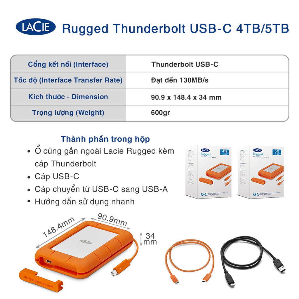 Ổ Cứng Di Động Chống Sốc Lacie Rugged Thunderbolt 2TB, 4TB, 5TB USB-C + Gói cứu dữ liệu