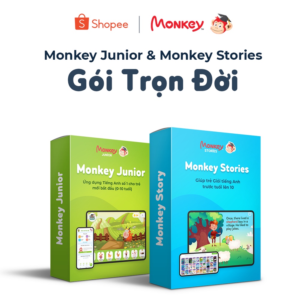 Bộ 2 Phần Mềm Dạy Trẻ Tiếng Anh Toàn Diện Từ Con Số 0 - Phần Mềm Monkey Junior & Monkey Stories  - Gói Trọn Đời