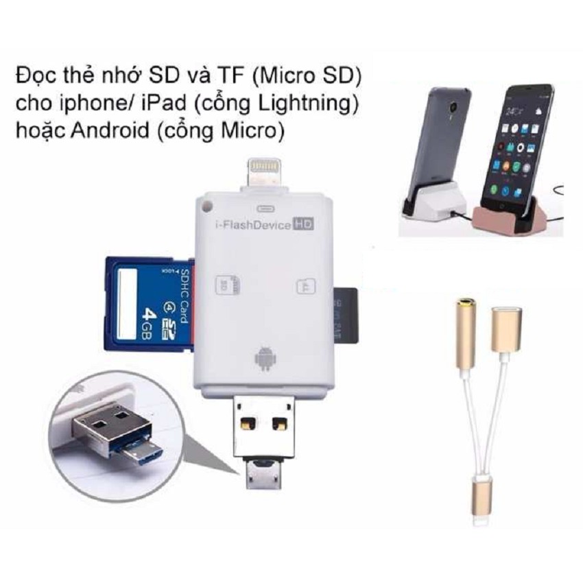 ĐĐT SD Micro USB i-Flash Drive cho iPOD, iPhone, iPad + Cáp Lightning 2 cổng sạc và tai nghe + Dock sạc cho Iphone