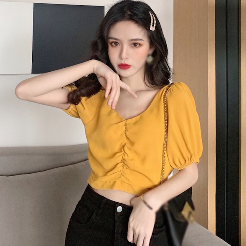 Áo dáng ngắn cổ V hở rốn xinh xắn cho nữ