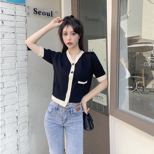 Áo Cardigan Dệt Kim Tay Ngắn Dáng Ôm Phong Cách Hàn Quốc Thời Trang Cho Nữ