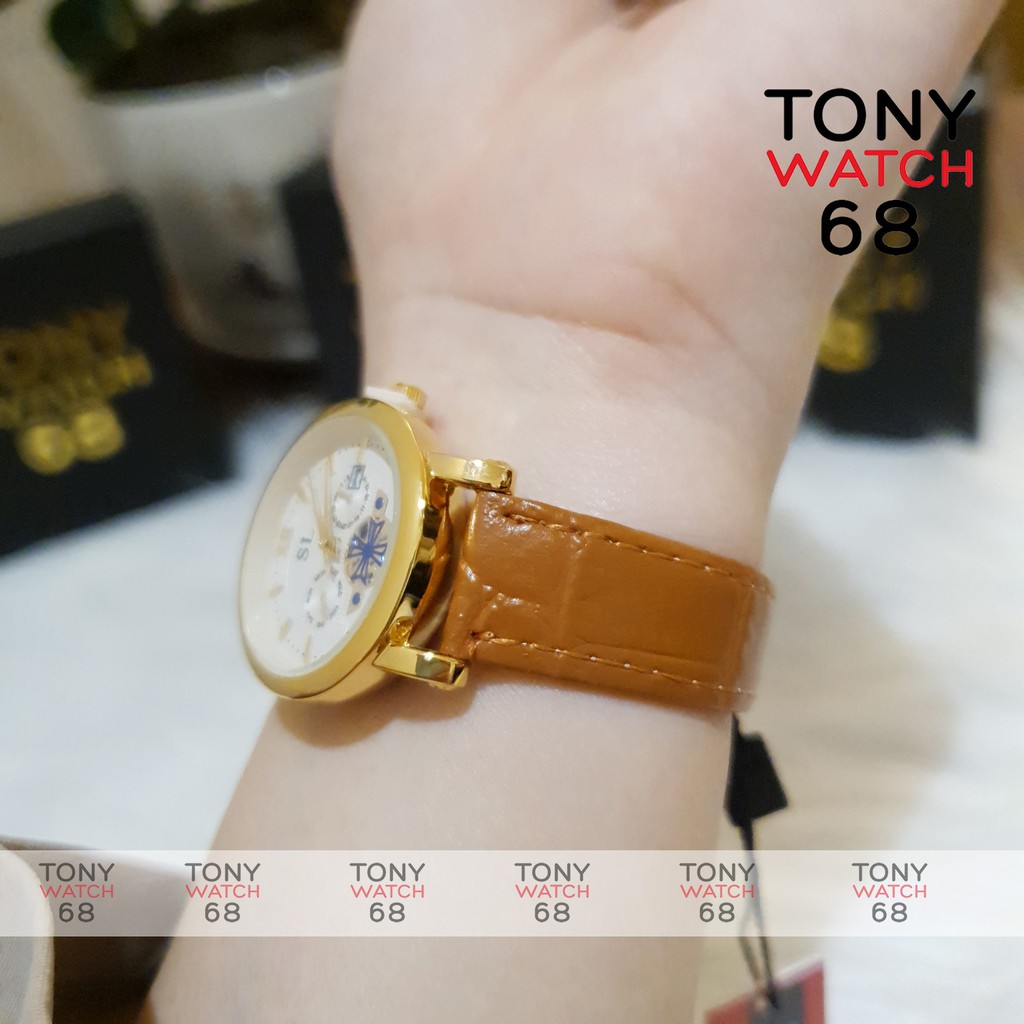 Đồng hồ cặp đôi nam nữ SL dây da viền vàng lộ máy chống nước chính hãng giá rẻ Tony Watch 68