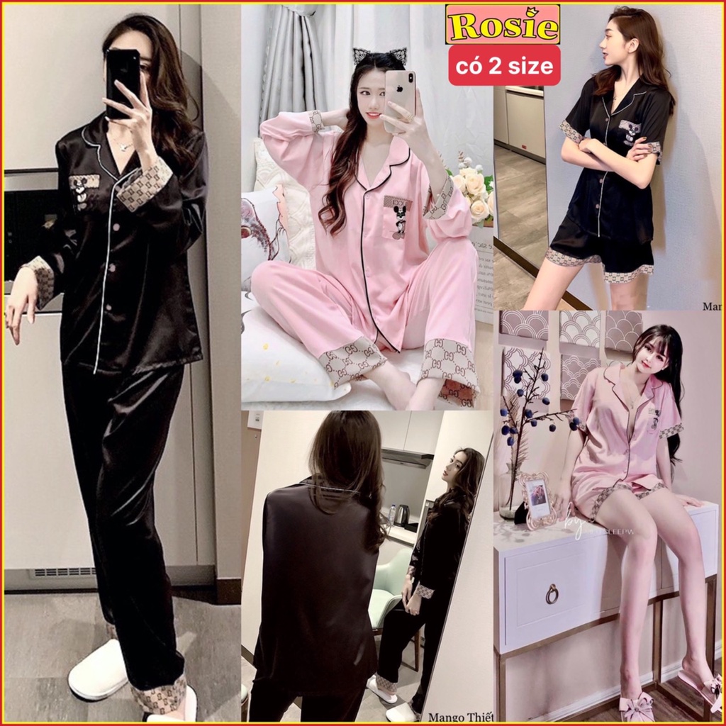 Bộ ngủ lụa Mango thiết kế chuột Mickeyy viền Gu chì sang trọng
