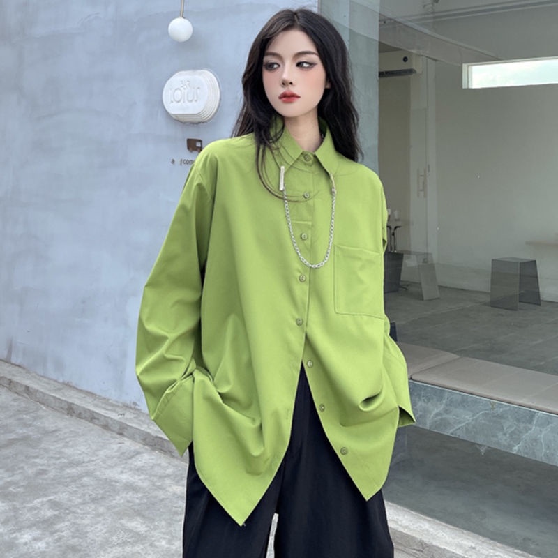 Áo Sơ Mi Dài Tay Màu Sắc Trơn Phối Dây Xích Phong Cách Đường Phố Cá Tính