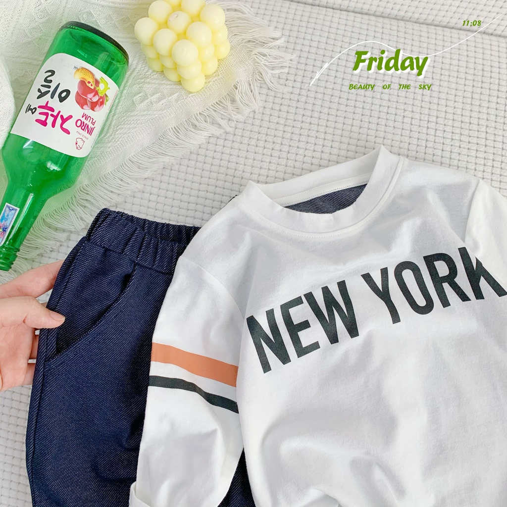 Bộ dài thun Bigbaby áo tay dài họa tiết chữ NY quần thun giả jean chất mềm mát cho bé 9-22kg