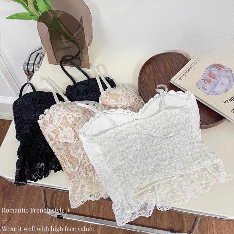 Áo hai dây cúp ngực hoa ren thêu _ Áo croptop 2 dây kèm mút ngực lai bèo quyến rũ mặc đi chơi , đi biển siêu sang