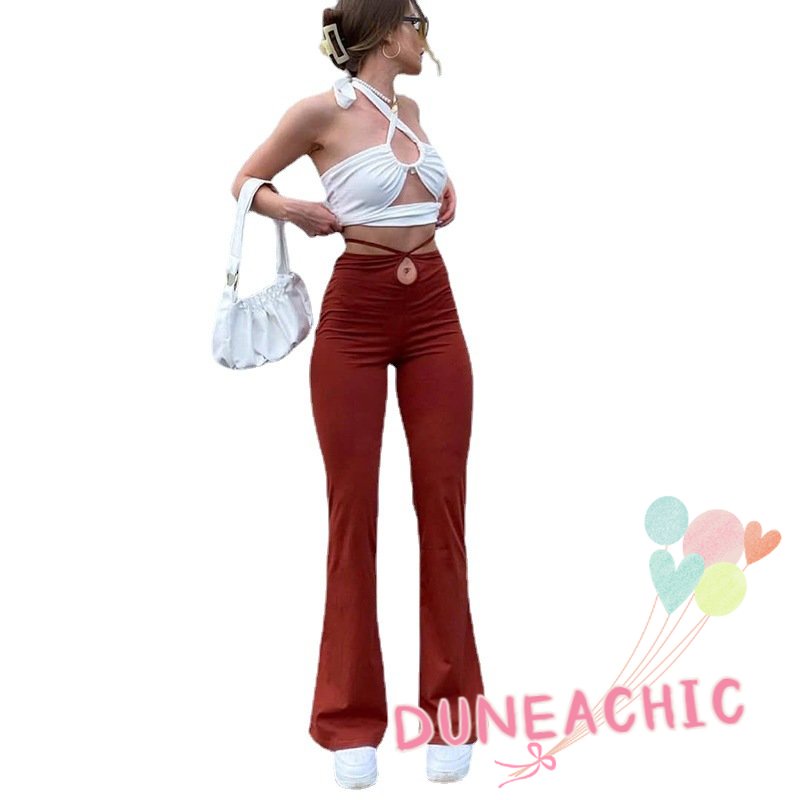 DUNEA Quần Ống Loe Lưng Cao Màu Trơn Thời Trang Cho Nữ