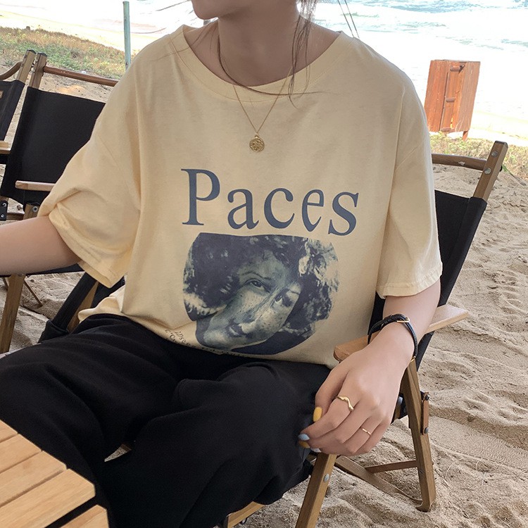 Áo thun nữ Ngắn tay Form rộng Retro Cá tính In hình Chân dung Ulzzang Hàn Quốc Áo Phông thun nữ Tay ngắn Cotton | BigBuy360 - bigbuy360.vn