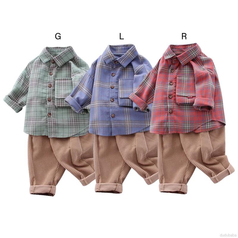 Set Áo Sơ Mi Tay Dài & Quần Short Caro Cho Bé Trai