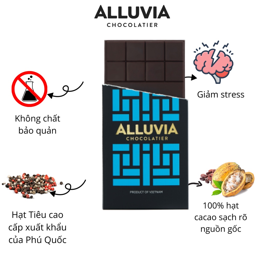 Socola đen nguyên chất vị Tiêu Phú Quốc đắng vừa ít ngọt Alluvia Chocolate Dark chocolate with Cina-pepper