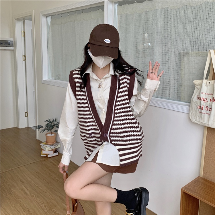 Áo Len Không Tay Cổ Chữ V Dáng Rộng Họa Tiết Kẻ Sọc Thời Trang Hàn Quốc Cho Nữ | BigBuy360 - bigbuy360.vn