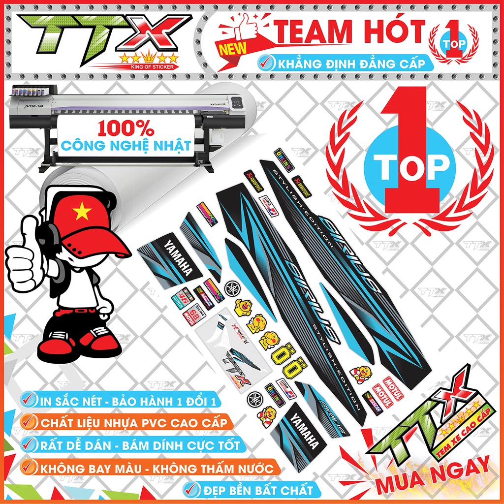 Tem rời sirius chỉ xanh , Team chế sirius dán xe màu đen xanh siêu đẹp , Shop TTX Tem xe sirius mã
