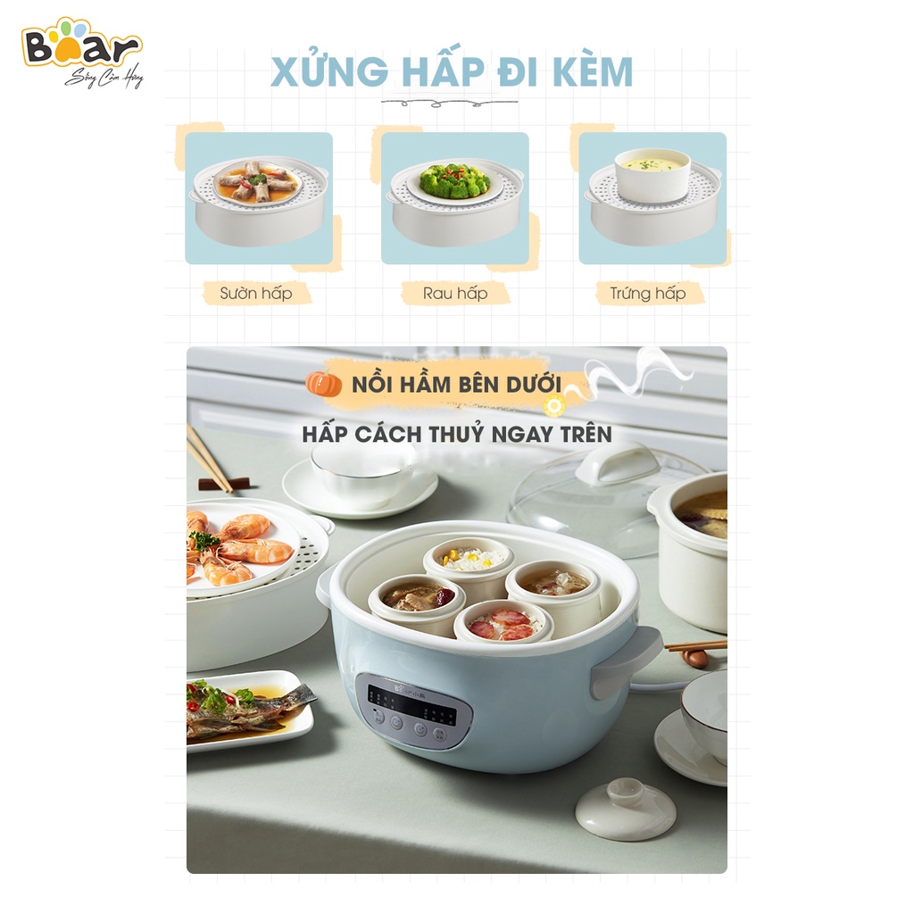 Combo Nồi Nấu Chậm 2,5L Bear SUBE003 và Máy Xay Ăn Dặm 0,3L Bear B03V2 nấu cháo, chưng yến, đồ ăn dặm