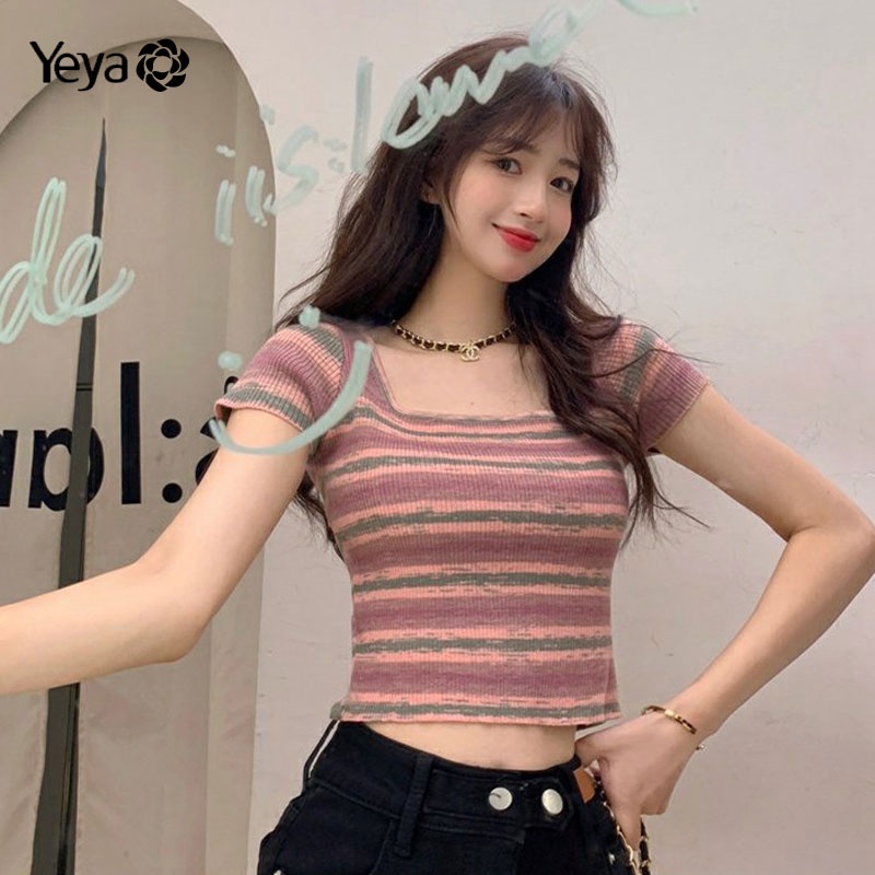 Áo thun YEYA dệt kim cổ vuông kẻ sọc đơn giản thời trang cho nữ