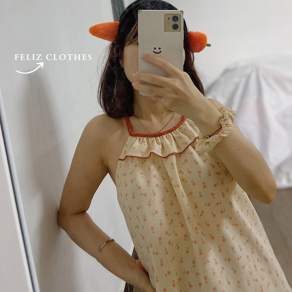 [Feliz.Clothes] Đồ ngủ 2 dây yếm linen bột hoa nhí cam siêu mát, siêu dễ thương | BigBuy360 - bigbuy360.vn