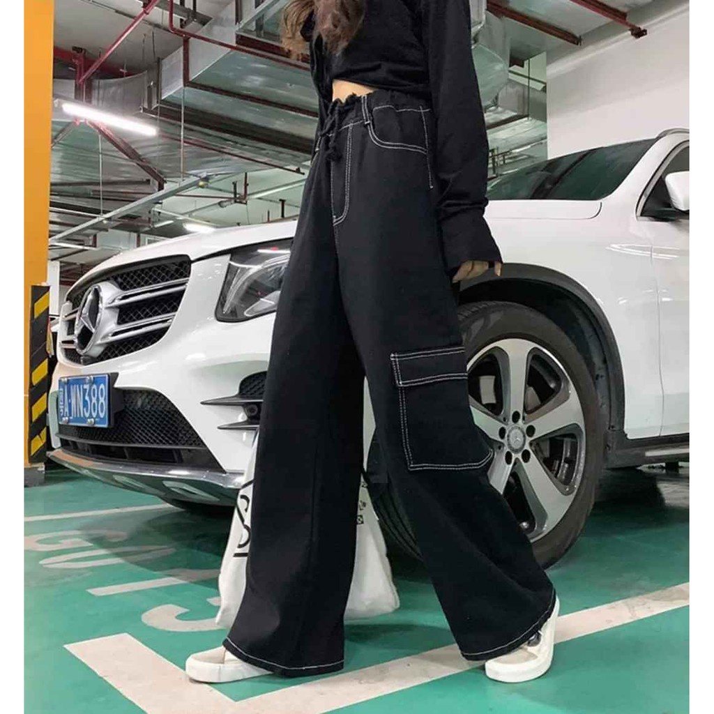 QUẦN ỐNG SUÔNG TÚI HỘP GÂN CHỈ GIẢ JEAN ULZZANG