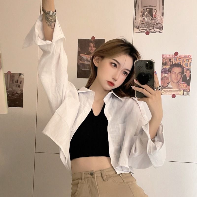 Áo sơ mi ngắn IELGY tay dài màu trơn chống nắng cho nữ