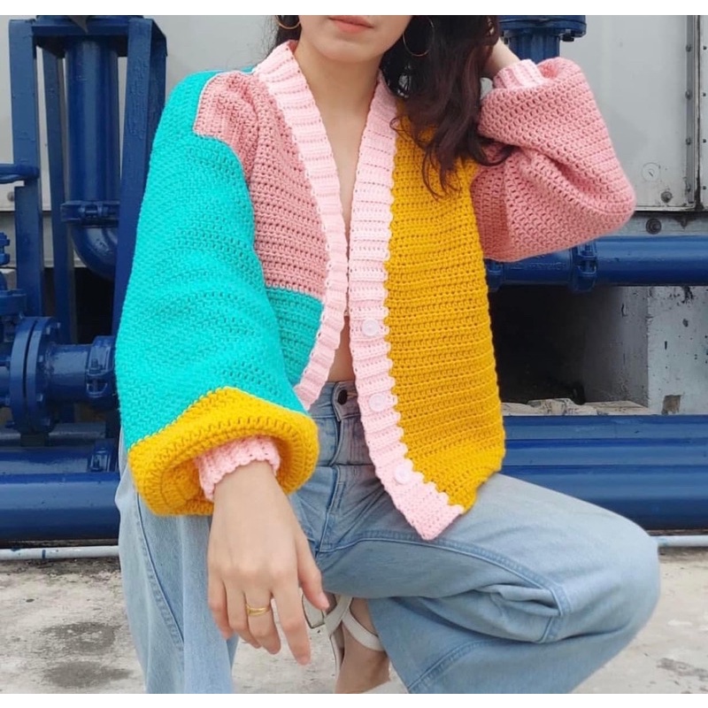 Áo Cardigan len móc kẻ ô vuông