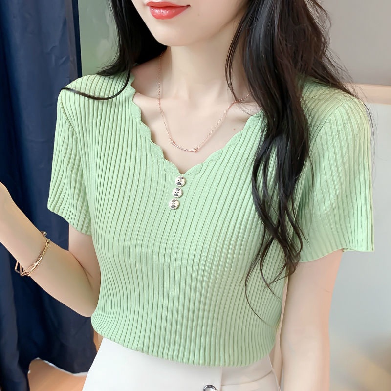 Áo thun tay ngắn cổ chữ V màu trơn thoải mái cho nữ