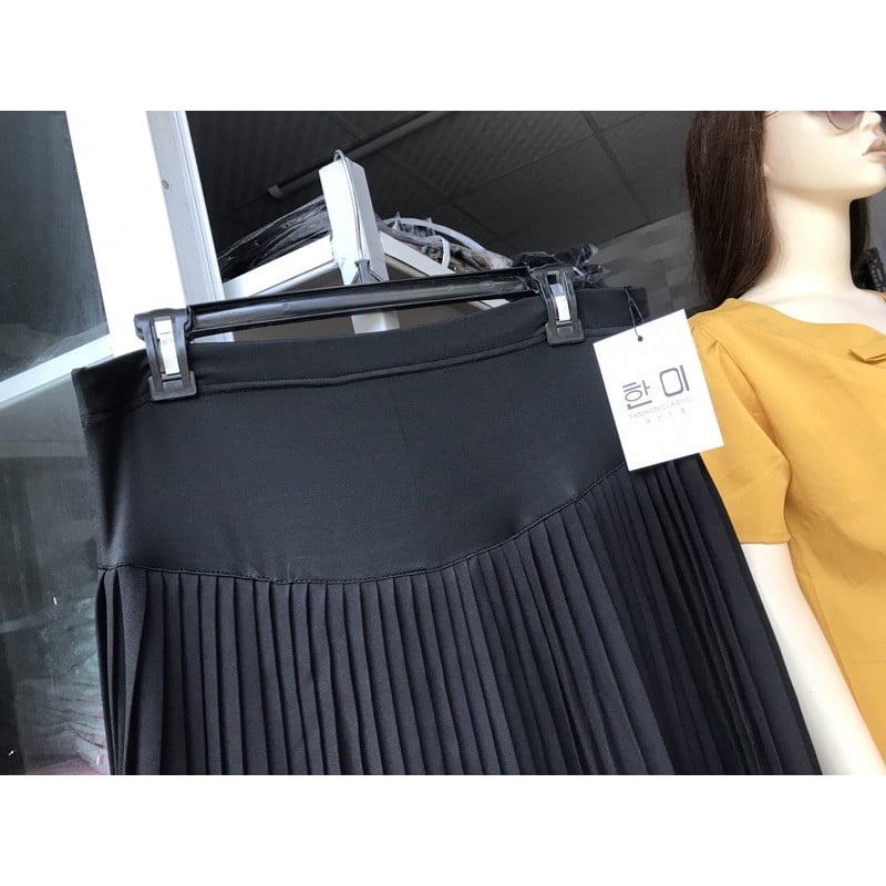 Chân váy bầu midi xếp ly lụa gân Thượng Hải