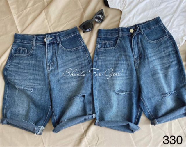 Quần ngố short jeans lửng rách bên xẻ màu đậm lưng cao form rộng kèm ảnh thật