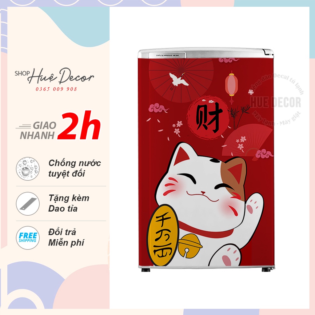 Decal dán tủ lạnh mini mèo thần tài
