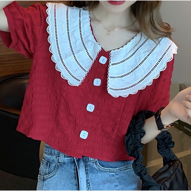Áo Kiểu Tay Phồng Ngắn Cổ Peter Pan Phối Ren Phong Cách Retro Pháp Thời Trang Mùa Hè Cho Nữ