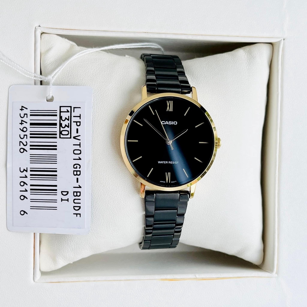 Đồng hồ Nữ Casio LTP-VT01GB-1B, đồng hồ chính hãng, dây thép đen mặt đen, viền vàng