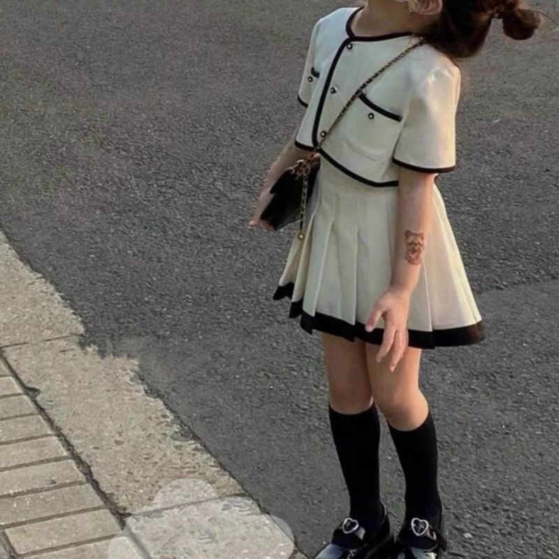 Set  áo váy viền dập ly xoè xinh xắn bé gái