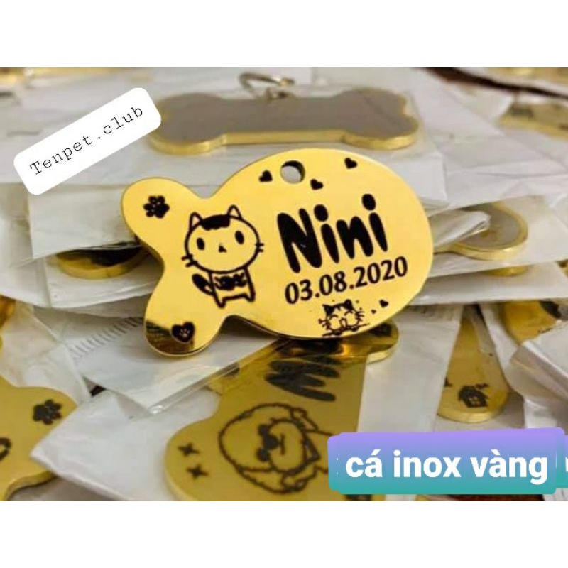 Thẻ tên, pet tag (tặng kèm chuông nhỏ) chất liệu inox, hợp kim nhôm khắc 2 mặt cho thú cưng (chó, mèo, thỏ, sóc...)