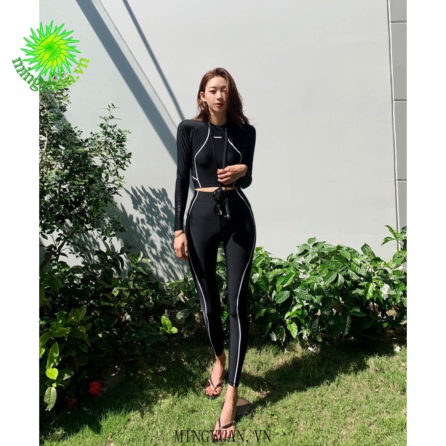 Đồ bơi bikini 3 mảnh  tay dài croptop đen trơn, quần dài dành cho nữ