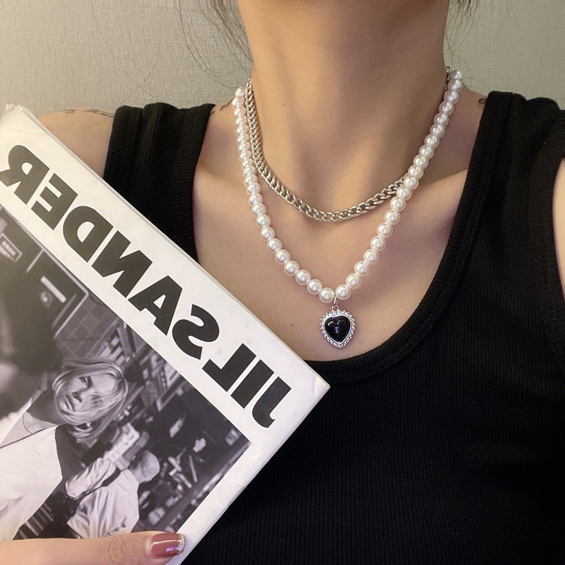 Vòng Cổ Hai Lớp Bằng Thép Titan Đính Ngọc Trai Đen Phong Cách Hàn Quốc