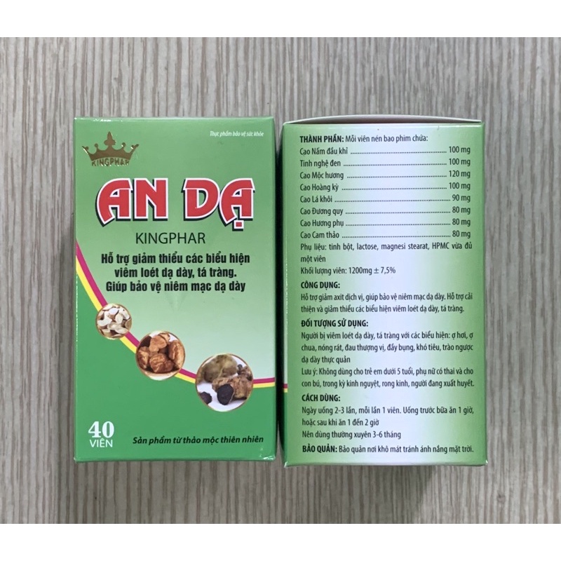 AN DẠ Kingphar -Chai 40 viên - Giúp giảm viêm loét dạ dày, tá tràng, trào ngược thực quản, dịch vị, ăn uống không tiêu